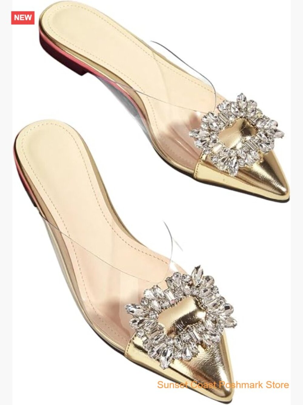 Rhinestone Transparent Closed Pointed Toe Backless Mules Flat